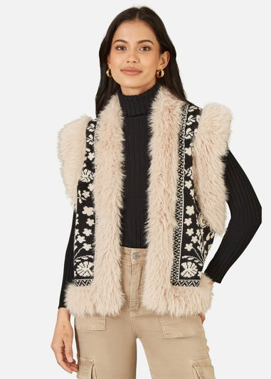 Yumi Black Knitted Folk Fur Trimmed Gilet