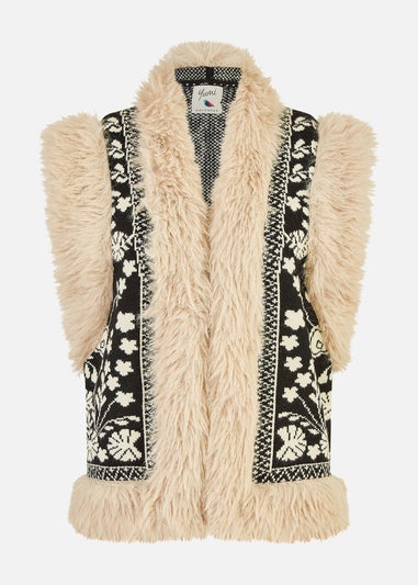 Yumi Black Knitted Folk Fur Trimmed Gilet