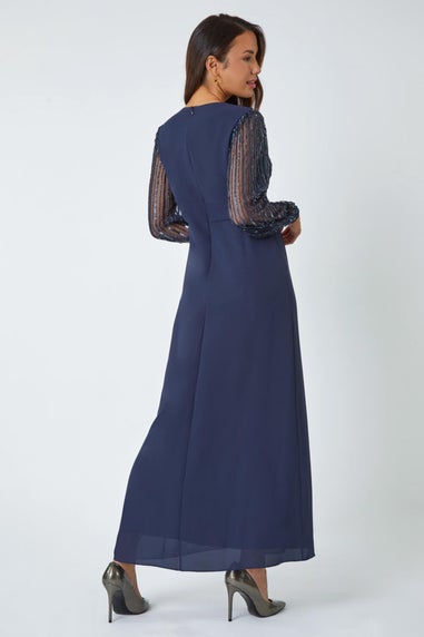 Roman Midnight Blue Sparkle Bead Embellished Maxi Dress