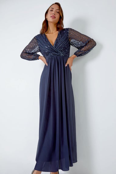 Roman Midnight Blue Sparkle Bead Embellished Maxi Dress