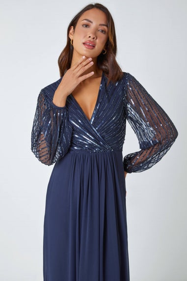 Roman Midnight Blue Sparkle Bead Embellished Maxi Dress