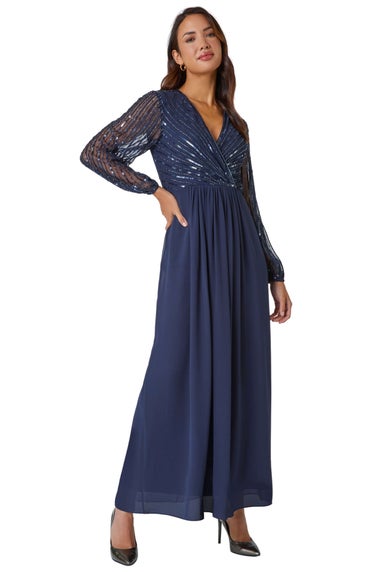 Roman Midnight Blue Sparkle Bead Embellished Maxi Dress