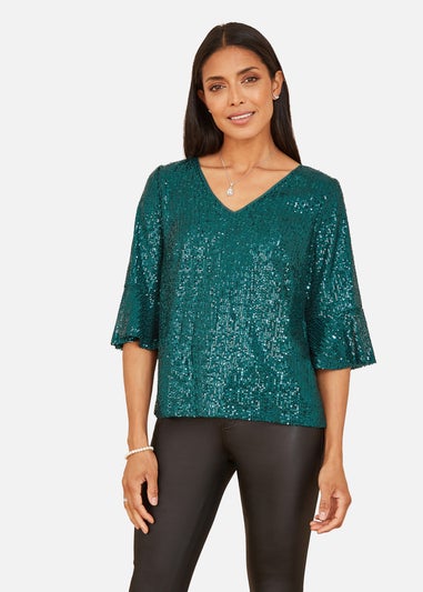 Yumi Green Sequin Top With Fluted Sleeve