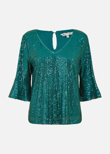 Yumi Green Sequin Top With Fluted Sleeve