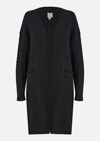 Yumi Black Cable Knit Edge to Edge Long Cardigan With Pockets