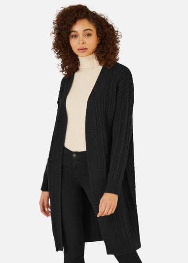 Yumi Black Cable Knit Edge to Edge Long Cardigan With Pockets