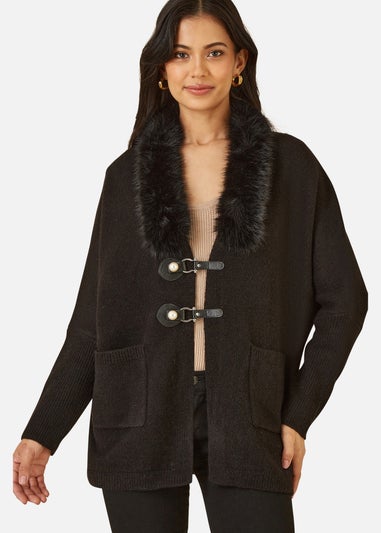 Yumi Black Cardigan With Detachable Fur Collar Trim