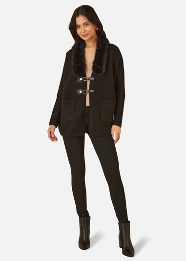 Yumi Black Cardigan With Detachable Fur Collar Trim