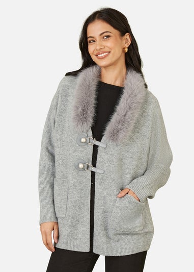 Yumi Grey Cardigan With Detachable Fur Collar Trim