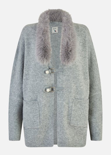 Yumi Grey Cardigan With Detachable Fur Collar Trim