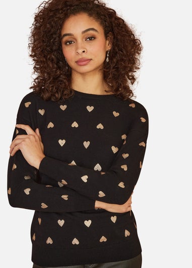 Yumi Black Gold Foil Heart Print Relaxed Fit Jumper