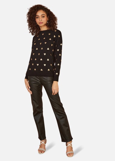 Yumi Black Gold Foil Heart Print Relaxed Fit Jumper