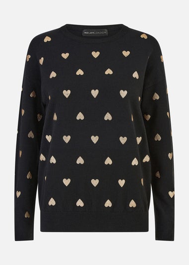 Yumi Black Gold Foil Heart Print Relaxed Fit Jumper