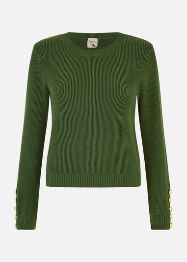 Yumi Green Rib Knitted Jumper With Sleeve Button Detail