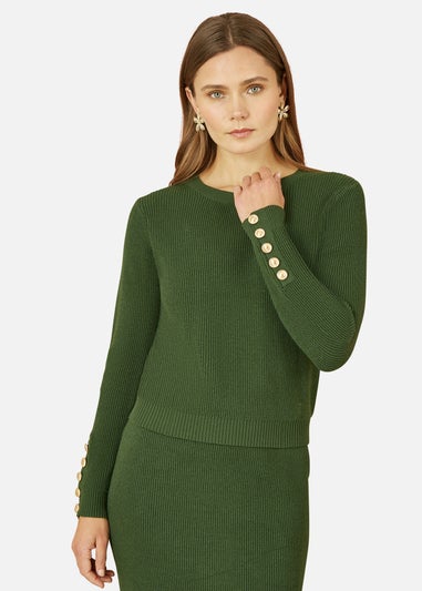 Yumi Green Rib Knitted Jumper With Sleeve Button Detail