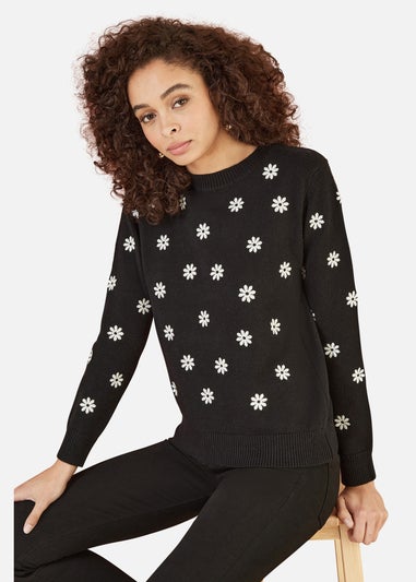 Yumi Black All Over Embroidered Daisy Knitted Jumper