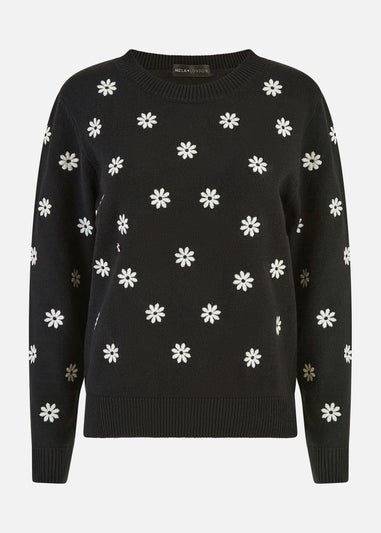 Yumi Black All Over Embroidered Daisy Knitted Jumper