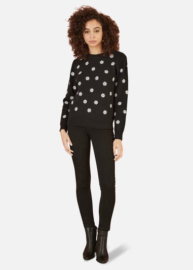 Yumi Black All Over Embroidered Daisy Knitted Jumper