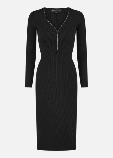 Yumi Black Rib Fitted Midi Dress With Diamante Detail Zip Neckline