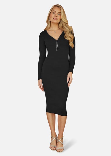 Yumi Black Rib Fitted Midi Dress With Diamante Detail Zip Neckline