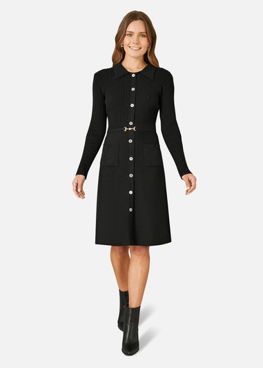 Yumi Rib Knit Midi Shirt Dress With Snaffle Belt