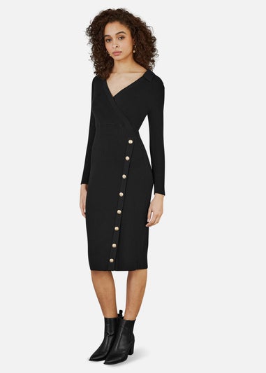 Yumi Black Knitted Midi Dress With Asymmetric Button Details