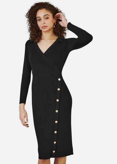 Yumi Black Knitted Midi Dress With Asymmetric Button Details