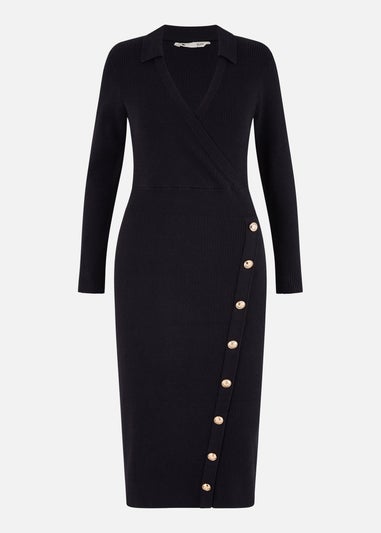 Yumi Black Knitted Midi Dress With Asymmetric Button Details