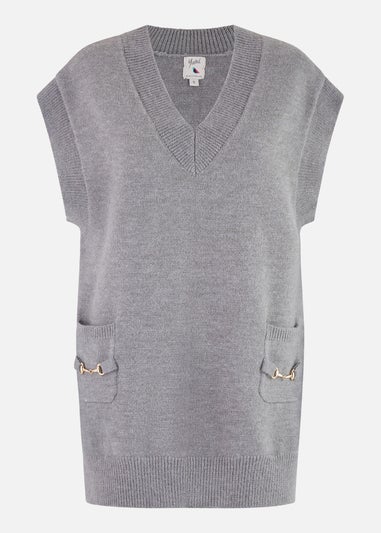 Yumi Grey Knitted Oversize Vest With Pockets And Snaffle Details