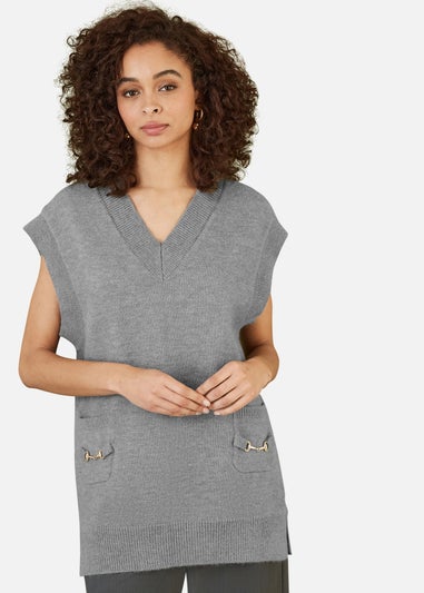 Yumi Grey Knitted Oversize Vest With Pockets And Snaffle Details