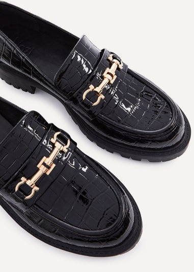 Linzi Aria Black Faux Croc Leather Chunky Sole Loafer