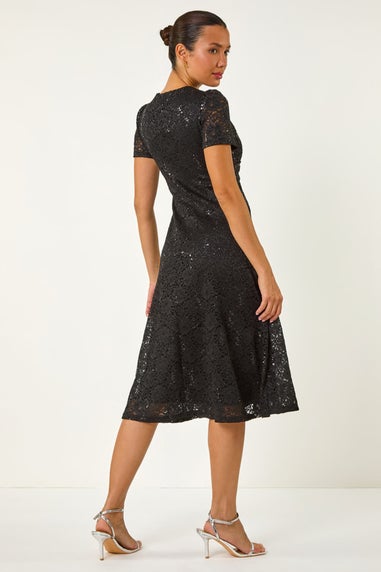 Roman Black Sequin Lace Twist Front Midi Dress