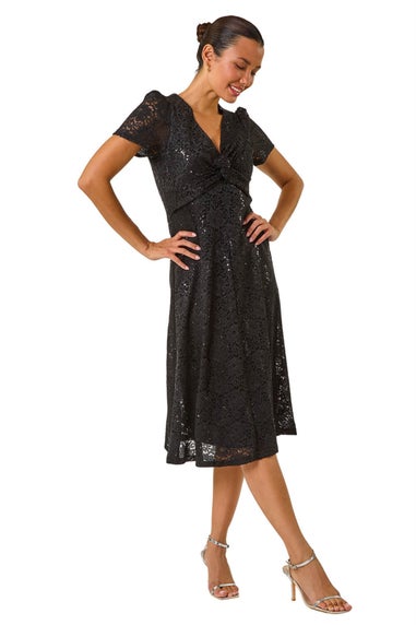 Roman Black Sequin Lace Twist Front Midi Dress