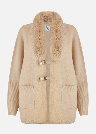 Yumi Camel Cardigan With Detachable Fur Collar Trim