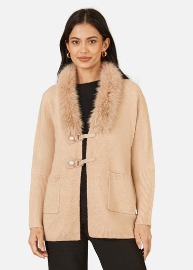 Yumi Camel Cardigan With Detachable Fur Collar Trim