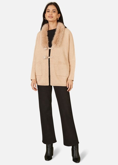 Yumi Camel Cardigan With Detachable Fur Collar Trim