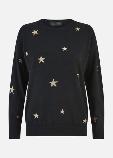 Yumi Black Gold Foil Star Print Relaxed Fit Jumper