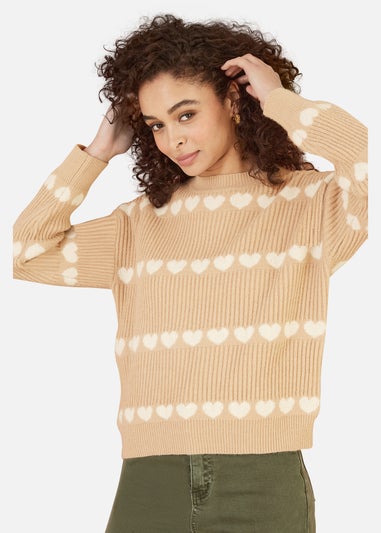 Yumi Camel Knitted Jumped With Heart Stripes