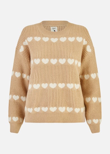 Yumi Camel Knitted Jumped With Heart Stripes