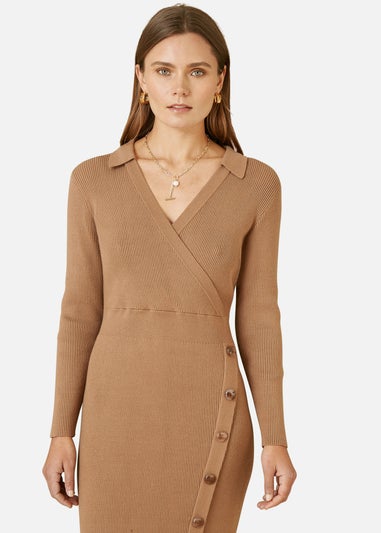 Yumi Brown Knitted Midi Dress With Asymmetric Button Details