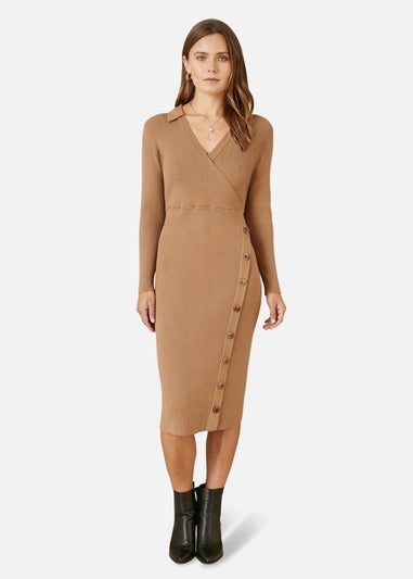 Yumi Brown Knitted Midi Dress With Asymmetric Button Details