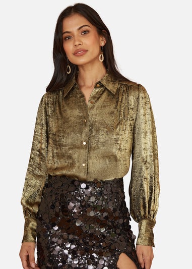 Yumi Gold Metallic Relaxed Balloon Sleeve Shirt