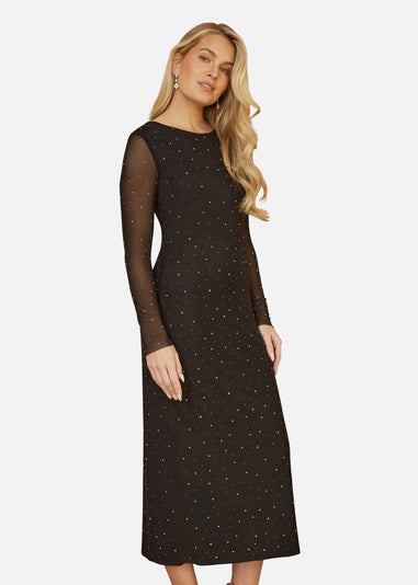 Yumi Black Mesh Bodycon Midi Dress With Tie Back and Diamantes