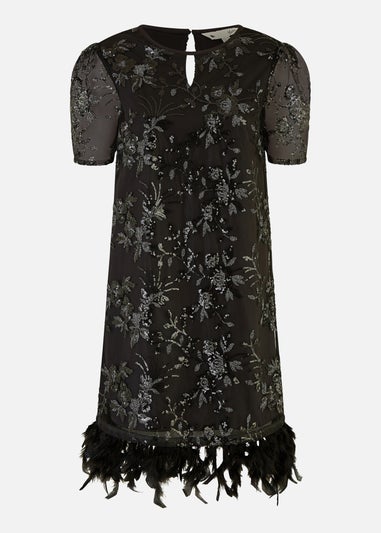 Yumi Black Sequin Embroidered Tunic Dress With Feather Trim Hemline