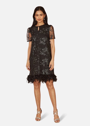 Yumi Black Sequin Embroidered Tunic Dress With Feather Trim Hemline