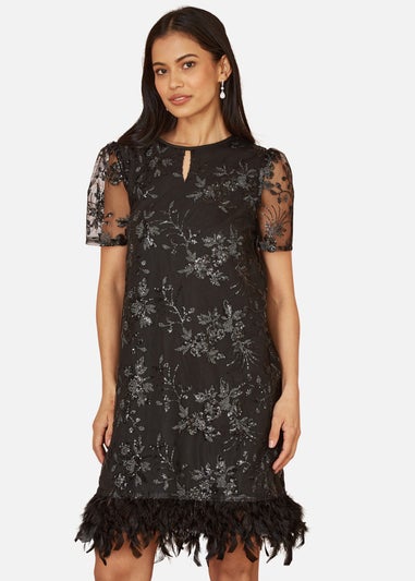 Yumi Black Sequin Embroidered Tunic Dress With Feather Trim Hemline