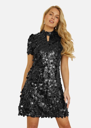 Yumi Black Big Sequin Tunic With Keyhole Neckline