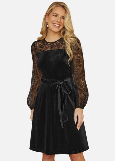 Yumi Black Velvet Skater Dress With Lace Sleeves