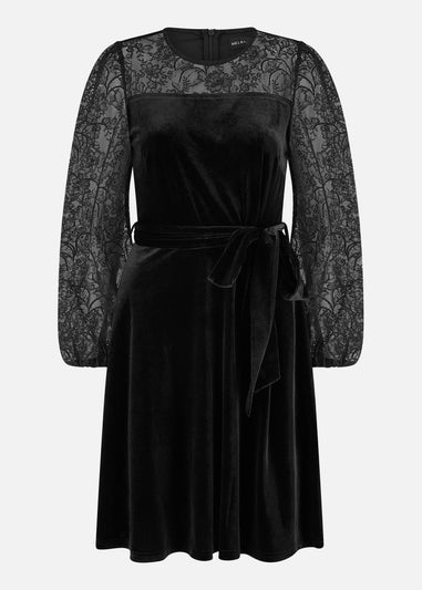 Yumi Black Velvet Skater Dress With Lace Sleeves