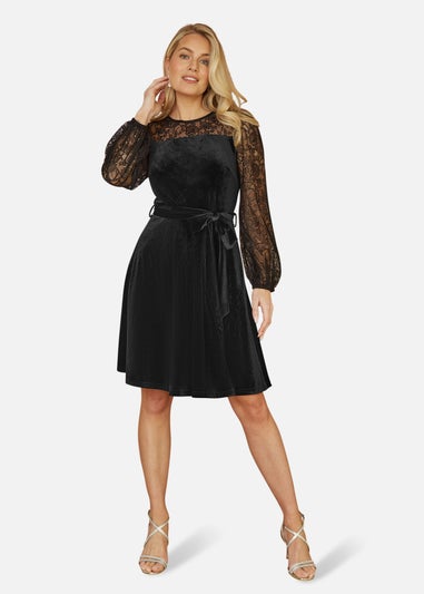 Yumi Black Velvet Skater Dress With Lace Sleeves